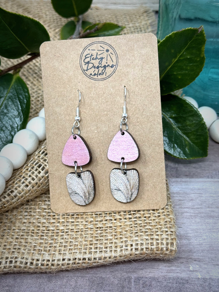 Textured Drop Down Earrings Pink and Flower