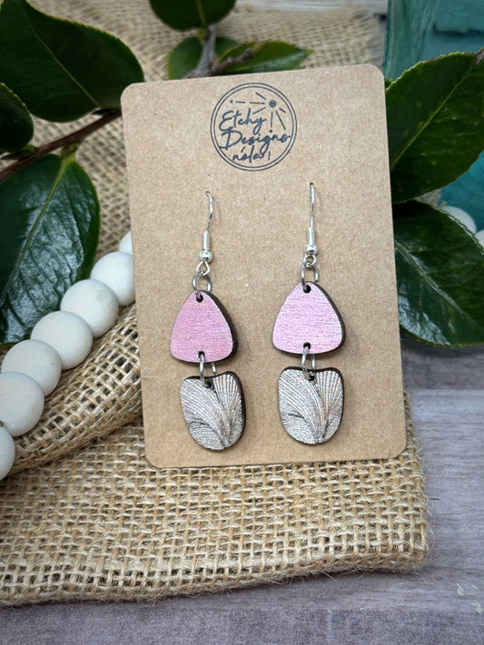 Textured Drop Down Earrings Pink and Flower