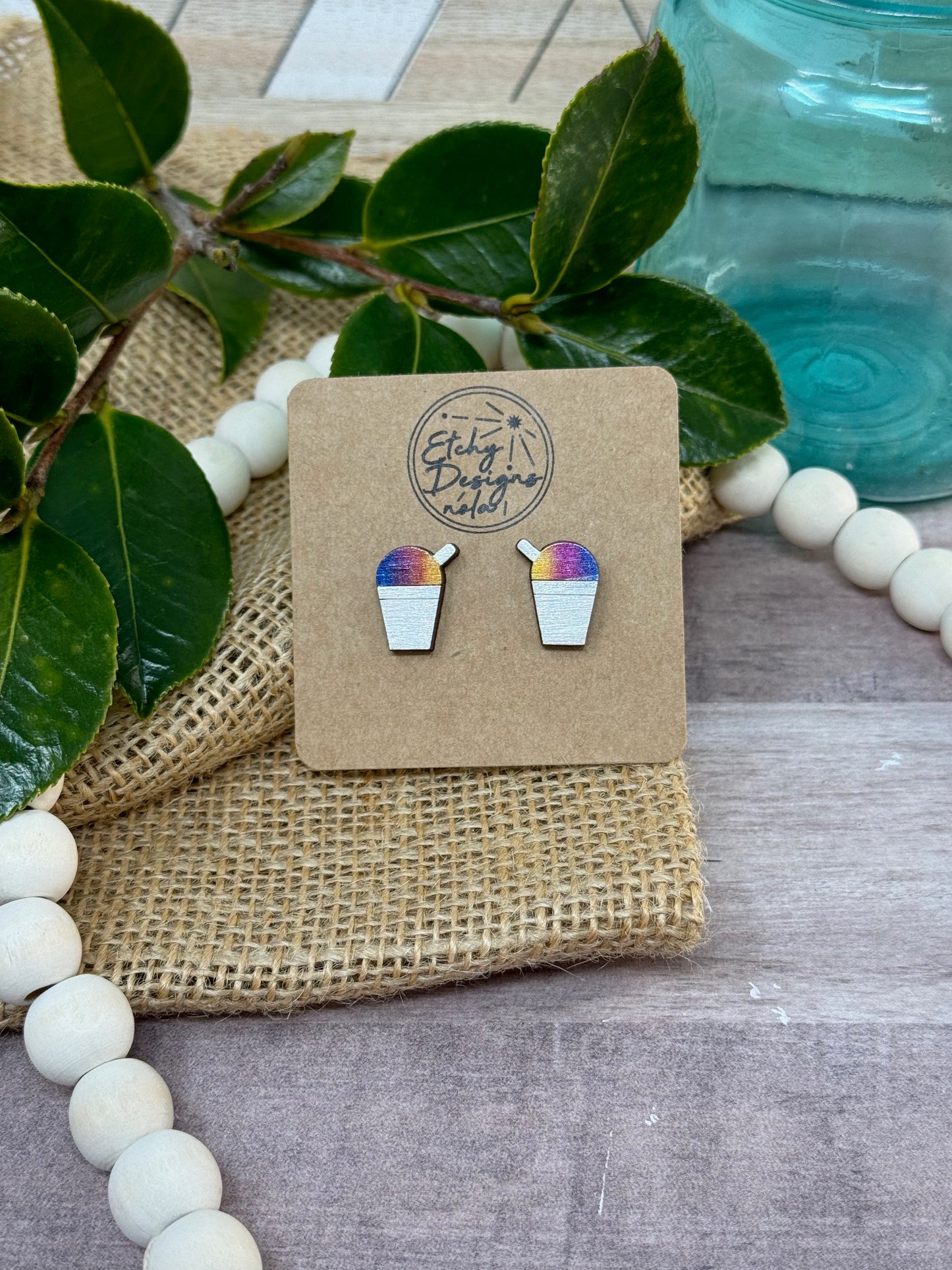 Rainbow Snowball Stud Earrings – Handmade Wooden Stud Earrings – Colorful Lightweight Wood Jewelry