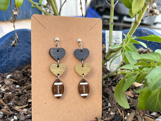 Football and Heart DropDown Earrings - Black and Gold