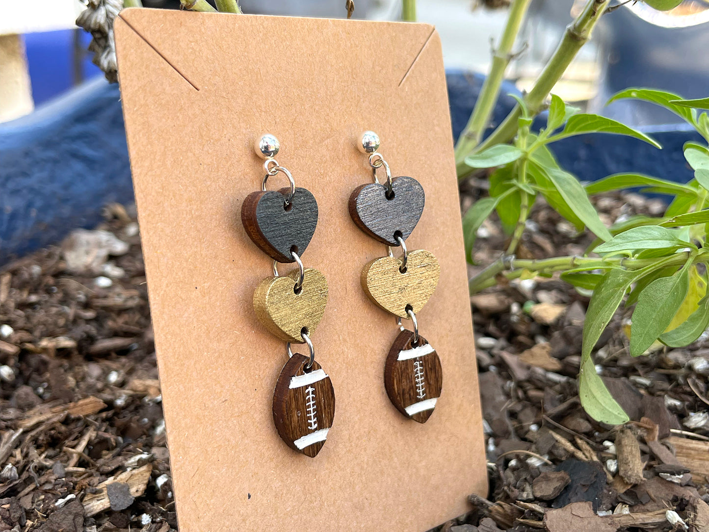 Football and Heart DropDown Earrings - Black and Gold