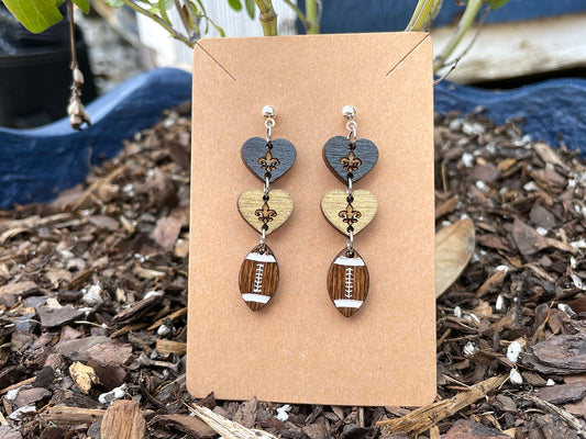 Heart and Football With Fleur De Lis DropDown Earrings - Black and Gold