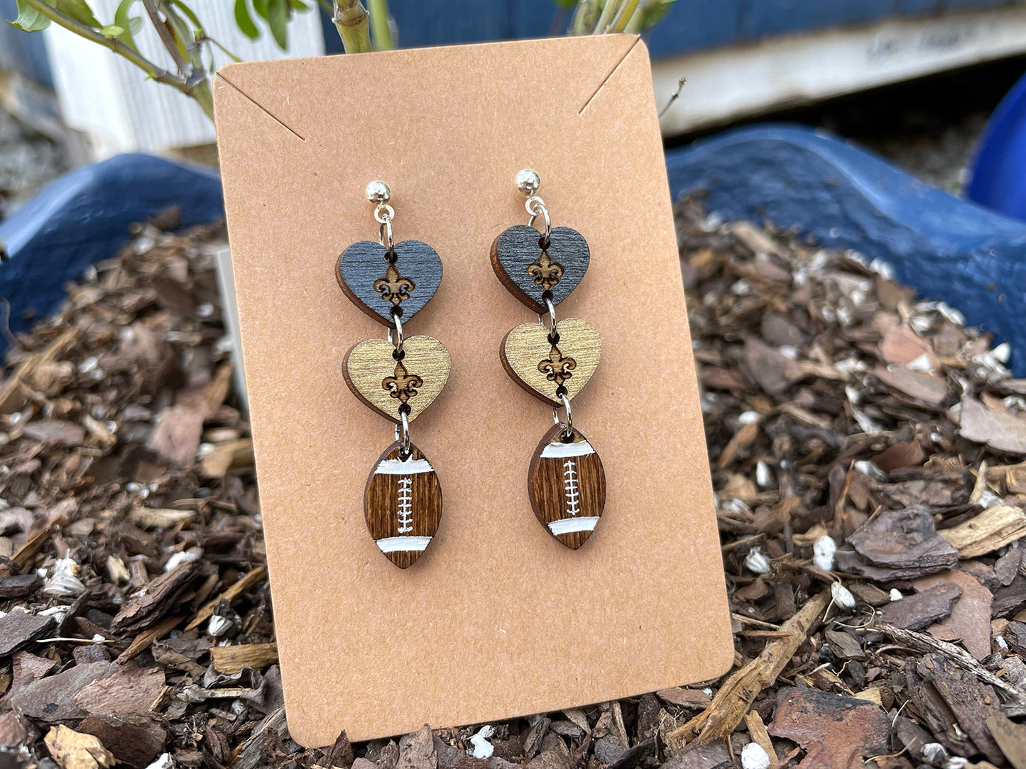 Heart and Football With Fleur De Lis DropDown Earrings - Black and Gold