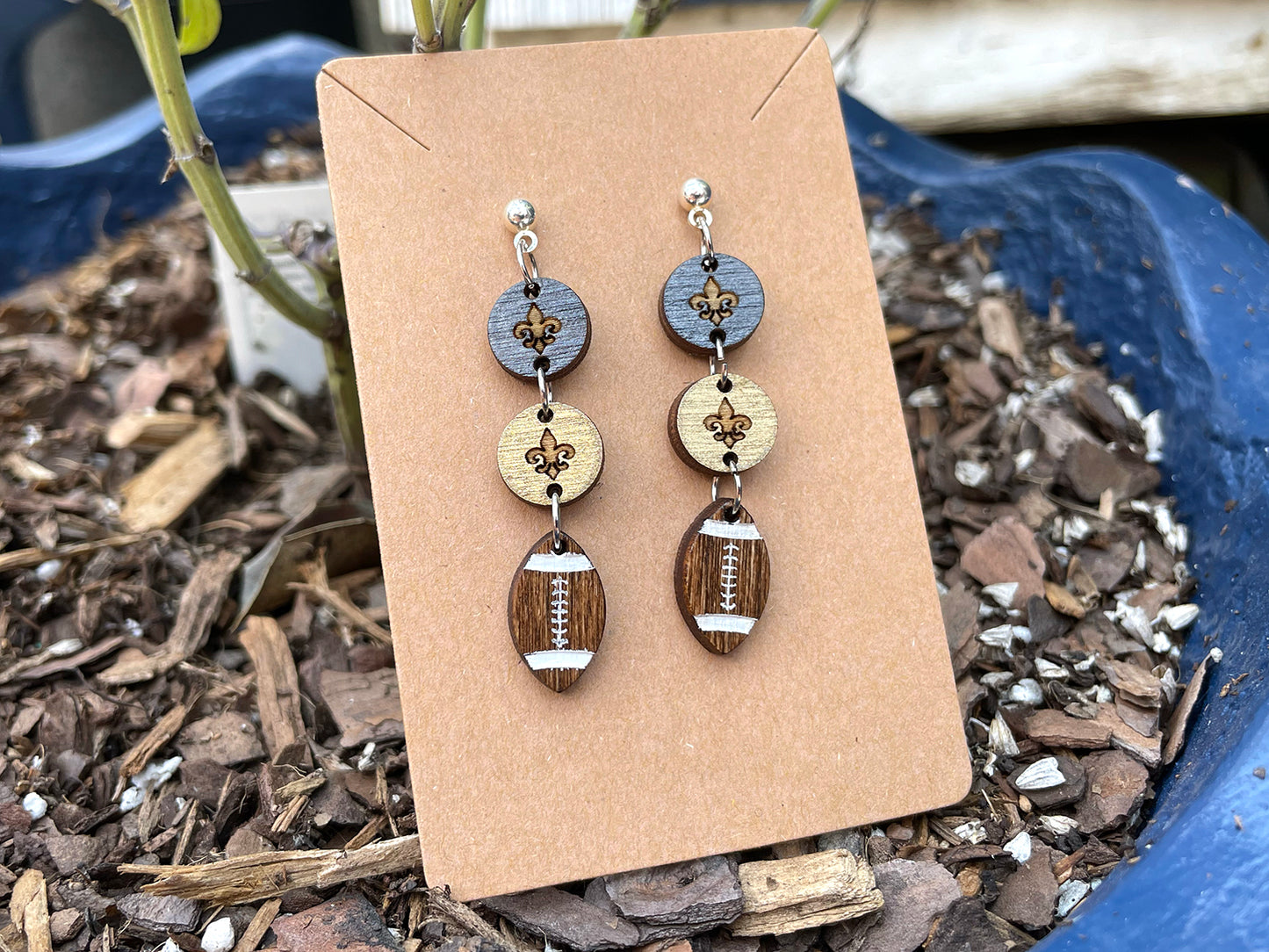 Circle and Football With Fleur De Lis DropDown Earrings - Black and Gold