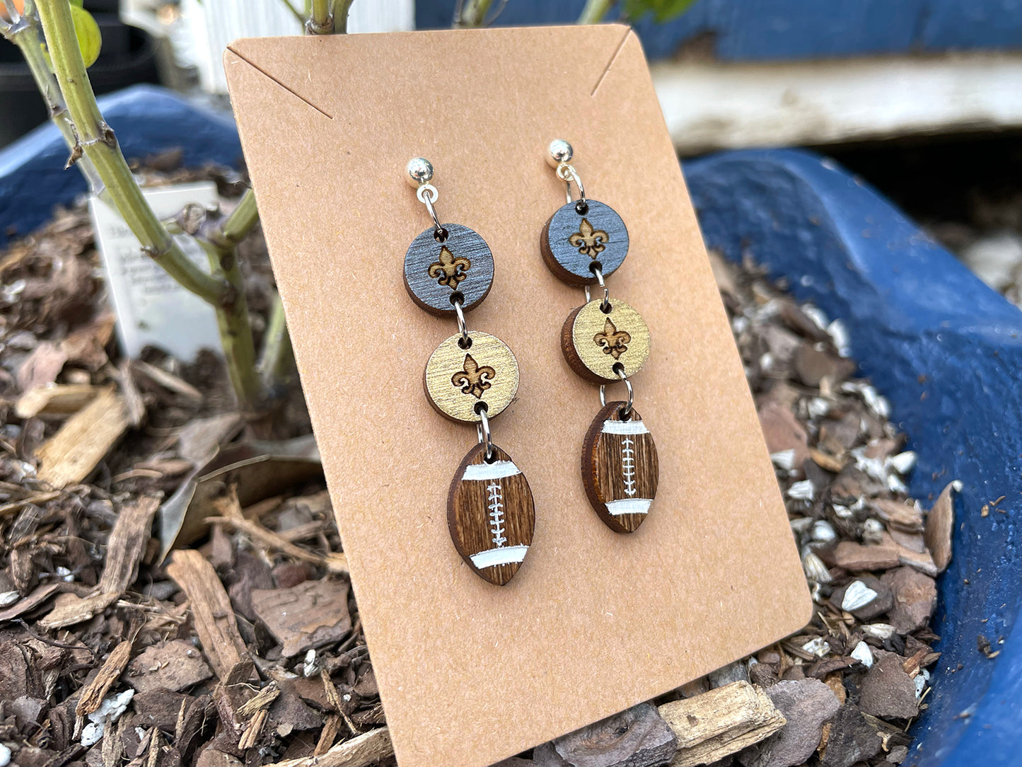 Circle and Football With Fleur De Lis DropDown Earrings - Black and Gold