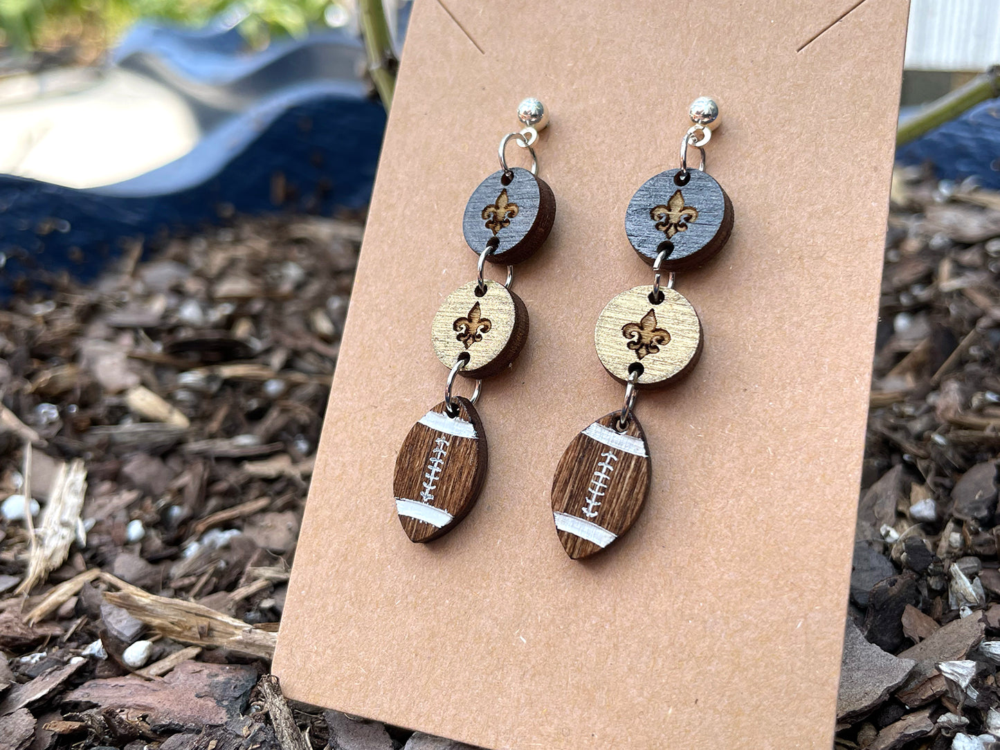 Circle and Football With Fleur De Lis DropDown Earrings - Black and Gold