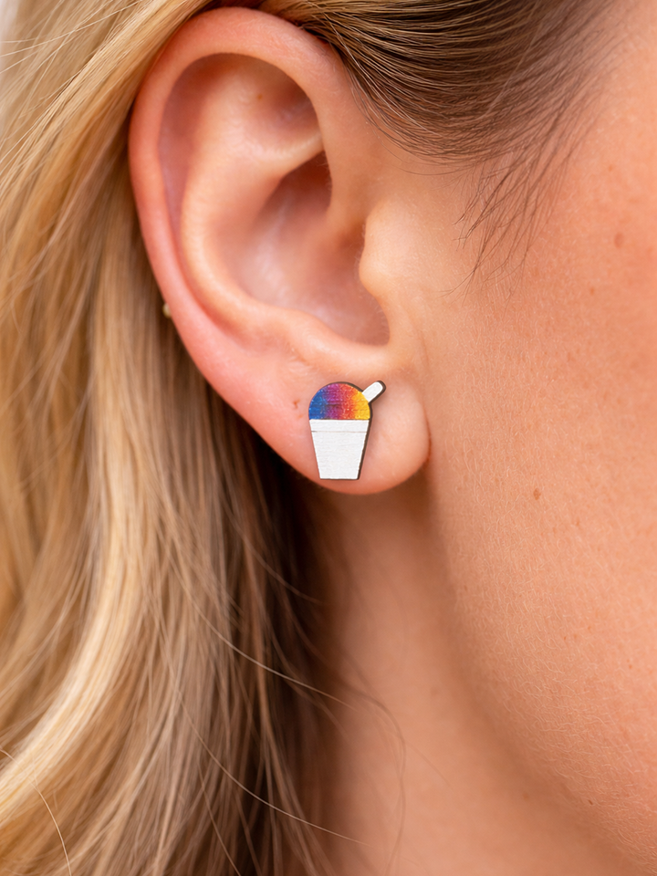 Rainbow Snowball Stud Earrings – Handmade Wooden Stud Earrings – Colorful Lightweight Wood Jewelry