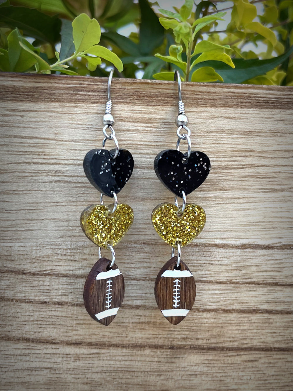 Glitter Football and Heart DropDown Earrings - Black and Gold