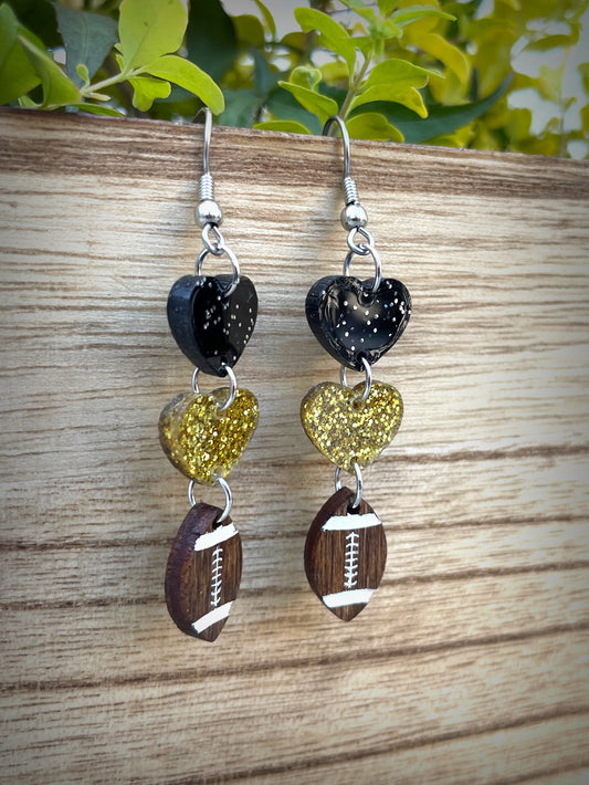 Glitter Football and Heart DropDown Earrings - Black and Gold